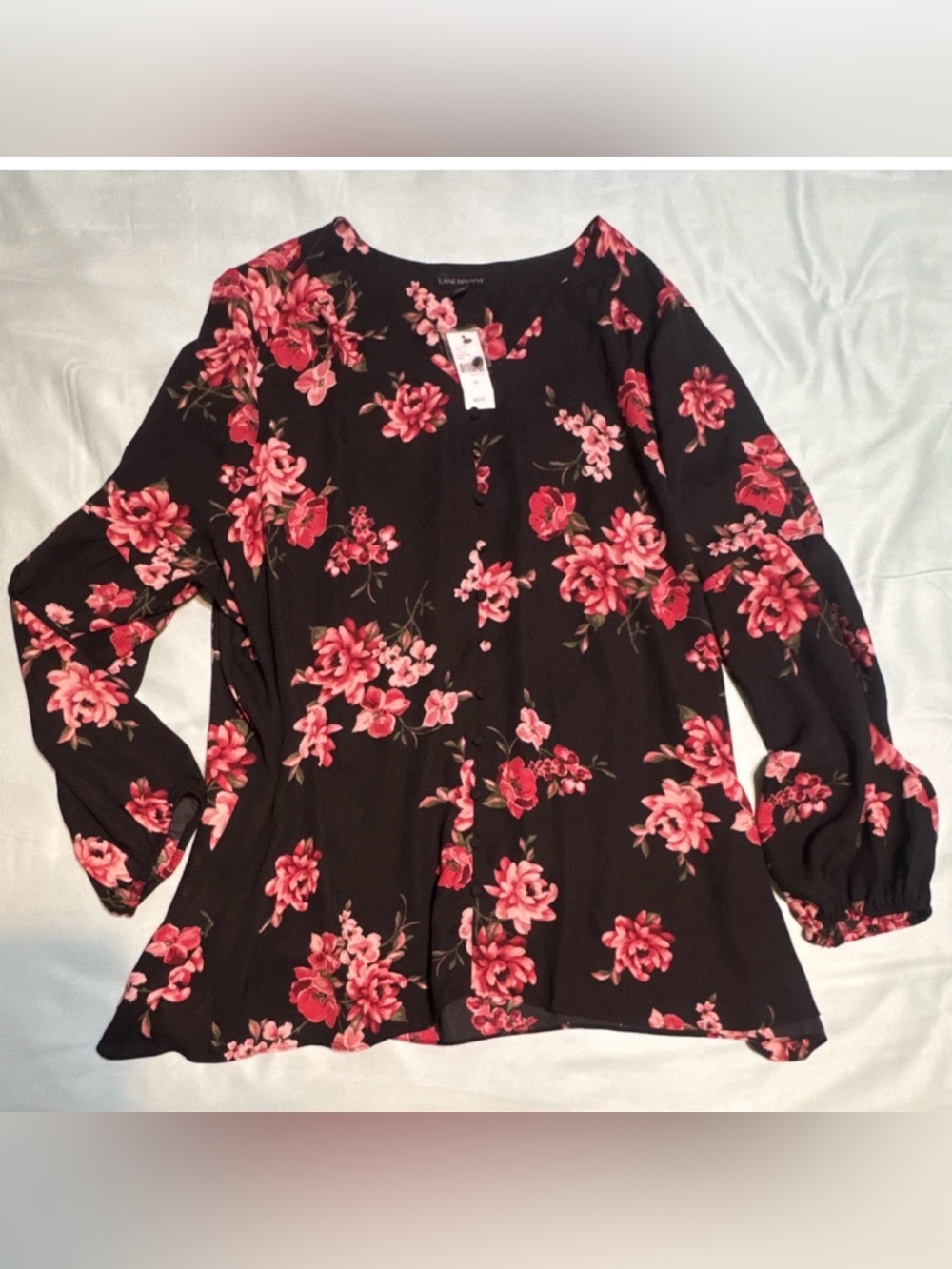 Lane Bryant Floral Button Front Blouse Long Sleeve Plus 24 Black Pink Red